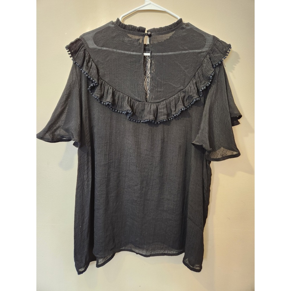 Rouge‎ Collection Black Lace Ruffle Pom Pom Gauze Blouse Womens 2X Boho Top - Picture 2 of 8